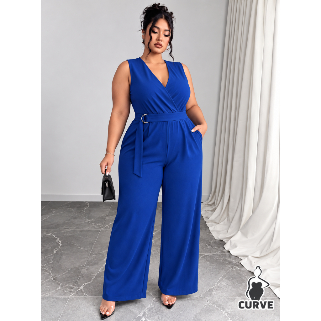 Macacão Plus Size Longo Curve Feminino Duna Decote Transpassado Com Cinto Ajustável Elegante Social
