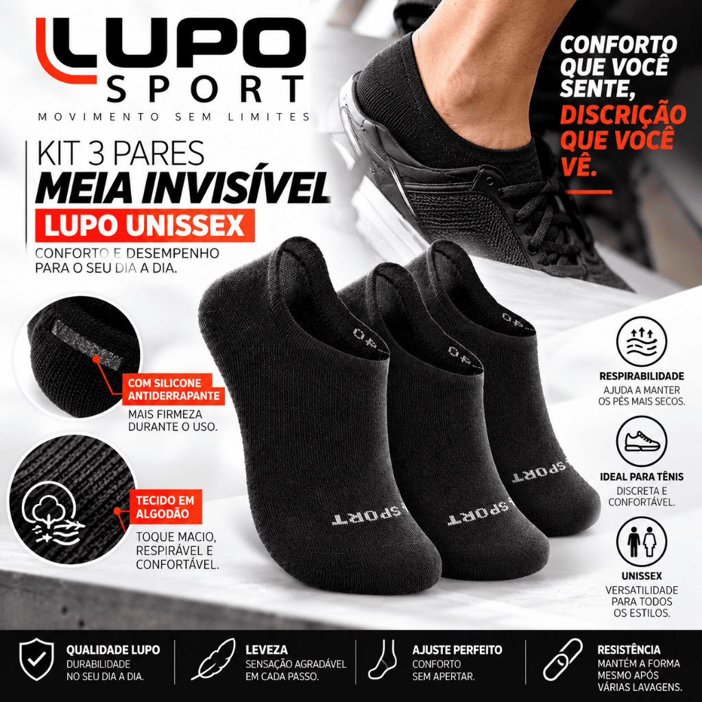 Kit 3 Pares Meia Invisível Lupo Unissex