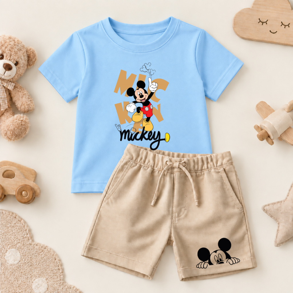 Conjunto Infantil Camiseta e Short Moletinho Mickey Mousse Desenho Estampado Menino Verão Estiloso