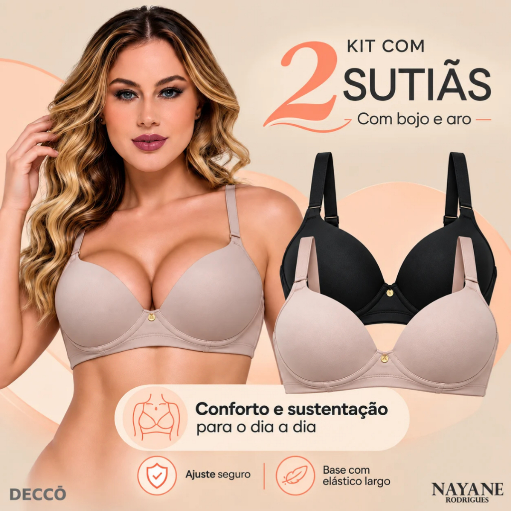 Kit Com 2 Sutiãs Nayane Com Bojo Bolha Aro Alças Reguláveis Microfibra Sustentação Confortável