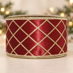Fita Aramada Decorativa de Natal - Quadriculado Vermelho Escuro e Ouro - 6,3cm x 9,14m - 1 unidade - Rizzo