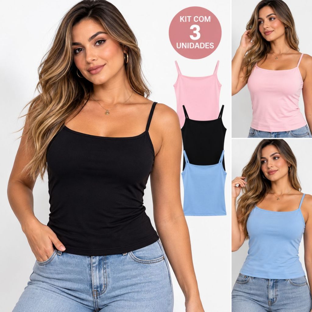 Kit 3 Regatas Femininas Suplex Básicas de Alcinha Sem Bojo Blusinha Justa Casual Moda Feminina