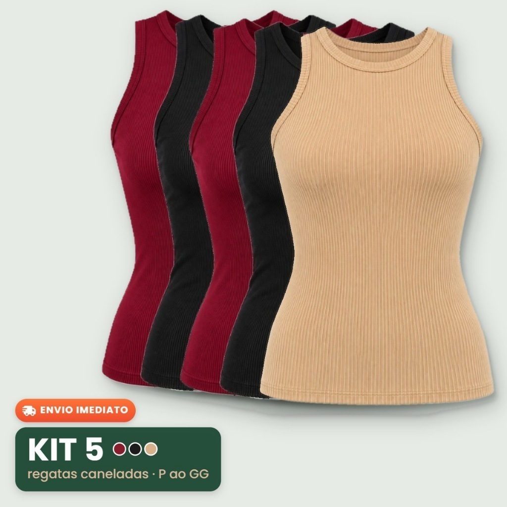 Kit 5 Blusas Femininas Regata Canelada Estilosa Elegante Ribana Básica Casual Gola Redonda Blusinha Confortável