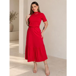 Conjunto Blusa Gola Alta e Saia Midi Babado Com Fenda Elegante Casual Moda Festa Algodão Premium