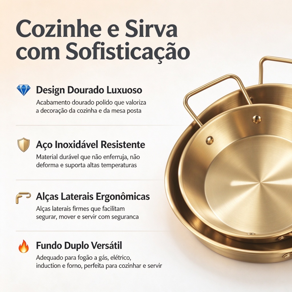 Conjunto de Frigideiras Douradas em Aço Inox 3 Tamanhos (Vendidas Separadamente)