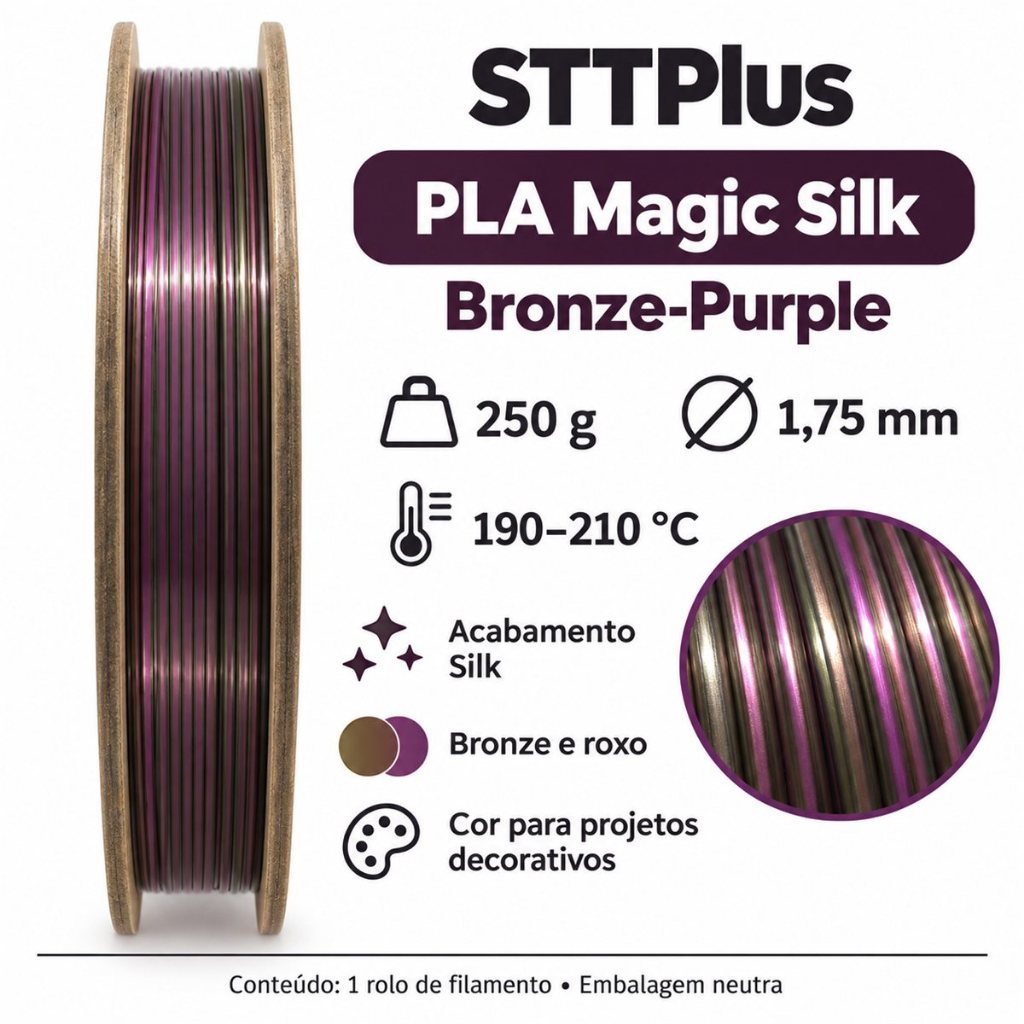 Filamento STTPlus PLA Magic Silk Bronze e Roxo 1,75 mm 250 g e 1 kg — imagem 2 de 2