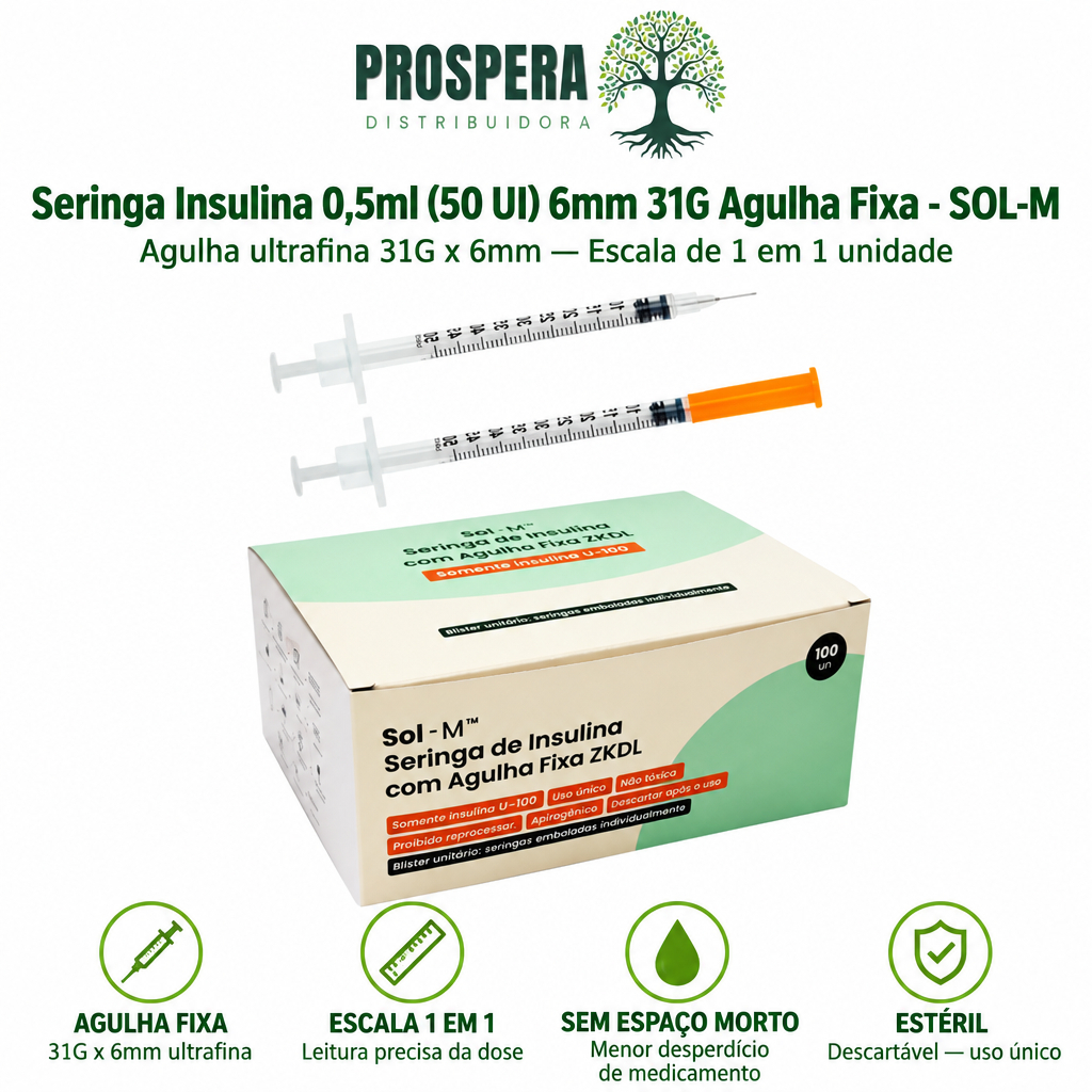 Seringa Insulina 0,5ml 6mm 31G Agulha Fixa - Kit C/ 10, 20, 50 Unidades - Marca SOL-Millennium