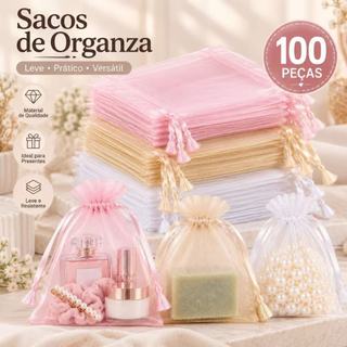 KIT 100  Un Saco Saquinho Organza Tule Saquinho 7x9 9x12 10x15 Branco Festa Casamento
