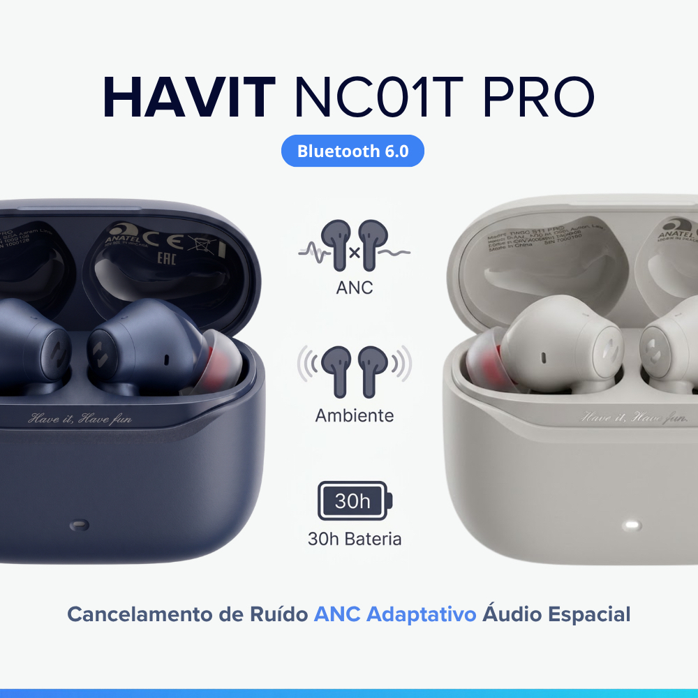 Fones de Ouvido Bluetooth 6.0 Havit TW991 Pro Space NC01T Cancelamento de Ruido Hibrido ANC ENC