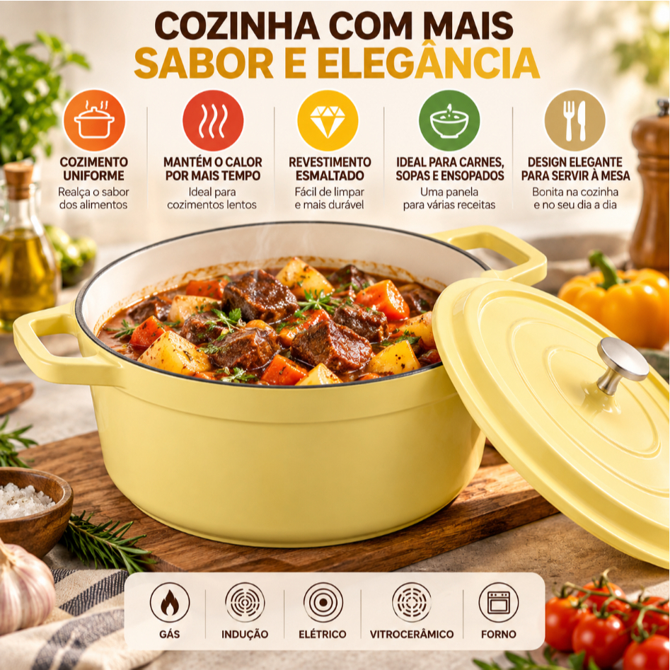 Panela Caçarola Ferro Fundido Esmaltada Antiaderente 22/24/26cm Indução e Gás Mollycook