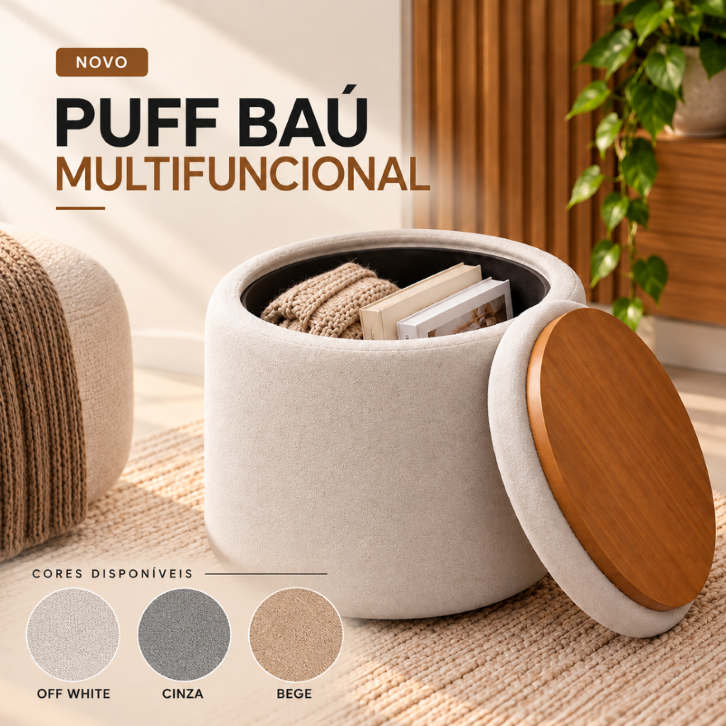 Puff Baú Redondo 40cm com Tampa Rígida