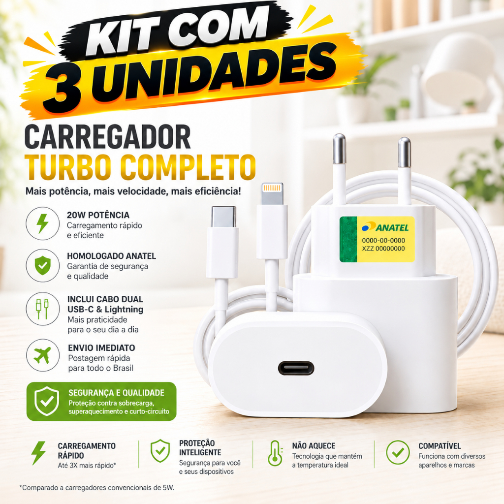 KITS Carregador Fonte E Cabo USB-C Lightning Turbo 20W Iphone 8 11 12 13 14 Carregamento Rápido