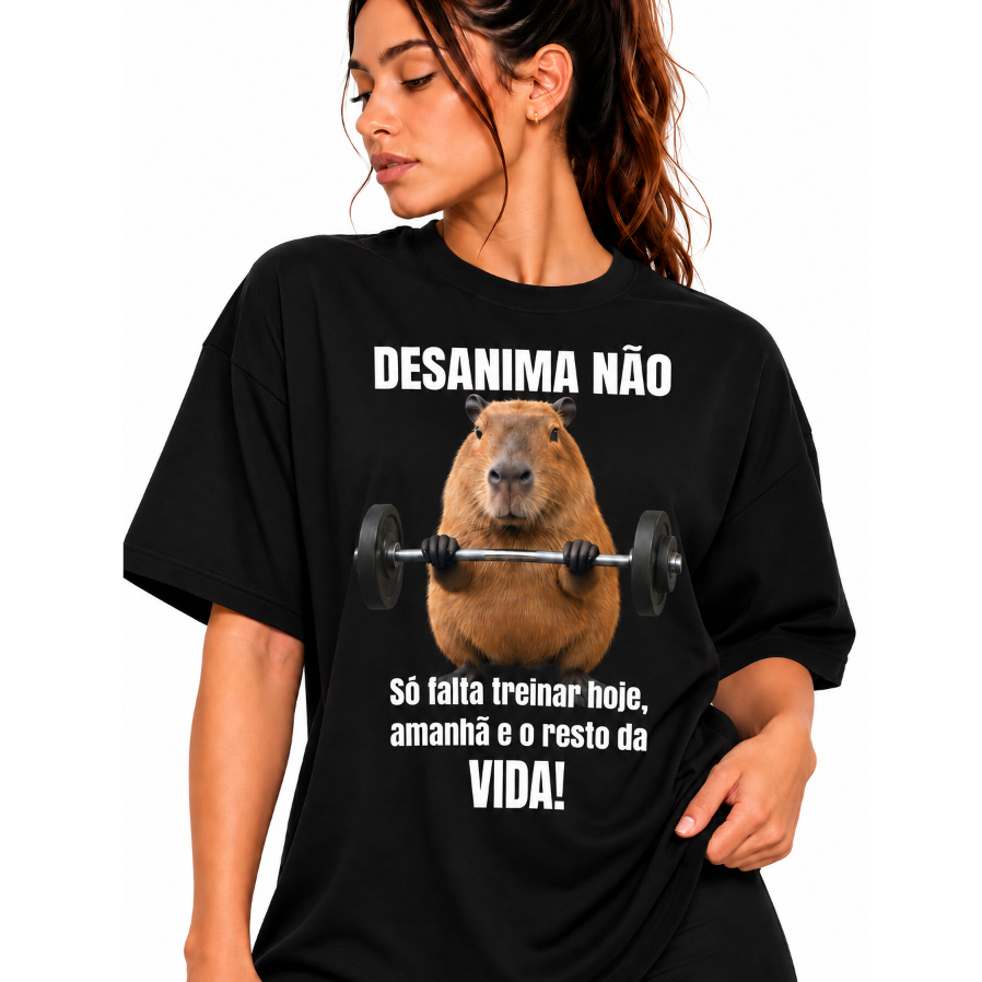 Camiseta Feminina 100% Algodão Camisa Academia Blusa Desanima Não Treino Gym Capivara Estampada Confortável Respirável