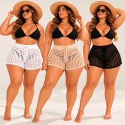 Short Feminino Tricô Crochê Vazado Plus Size Saída de Praia Moda Praia Verão Shortinho Bermuda Tricot Moderna e Estilosa