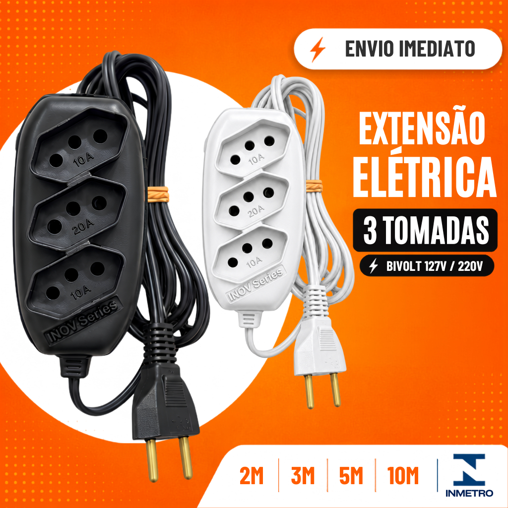 Extensão Elétrica Branca Preta 10/5/3/2 Metros Bivolt Tomadas Tripolares Durável Resistente