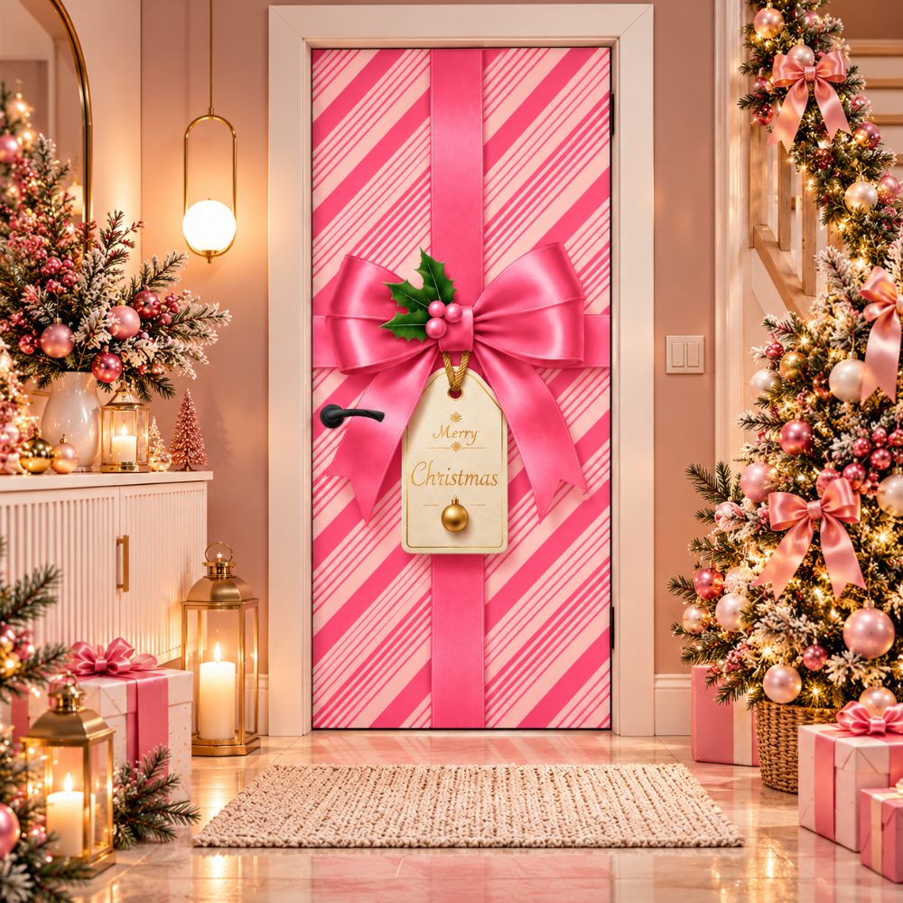 Capa De Porta 2.05x0.85 Natal Rosa Laço Grande Merry Christmas Decoração Natalina Clean Lançamento