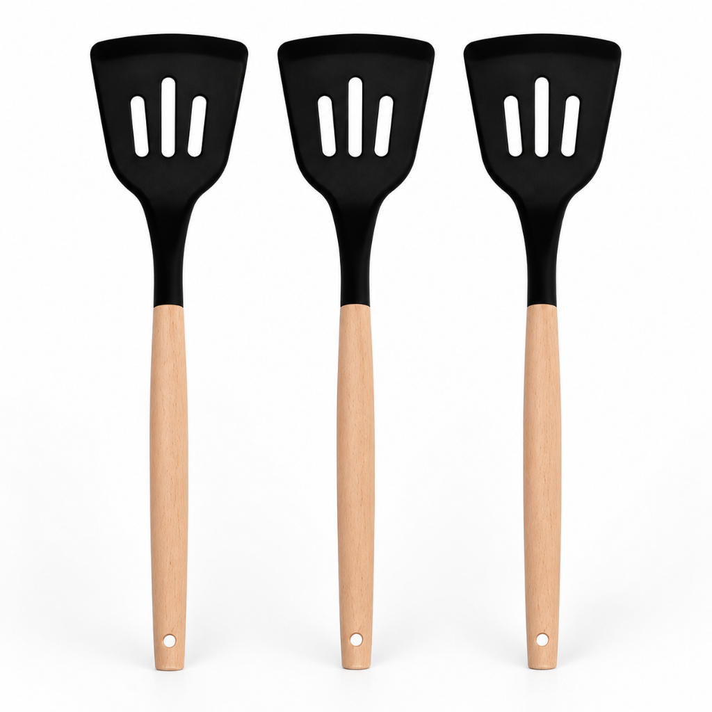 Kit 3 Espátulas Silicone Vazadas Cabo Madeira 32cm Cozinha Resistente Calor Utensílio Prático