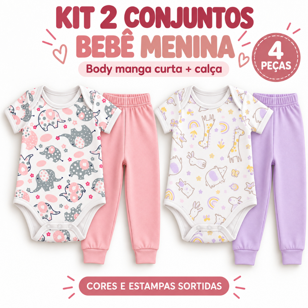 Kit 2 Conjuntos Bebê Menina Body Manga Curta Estampado e Calça Lisa Cores Sortidas Roupa Infantil