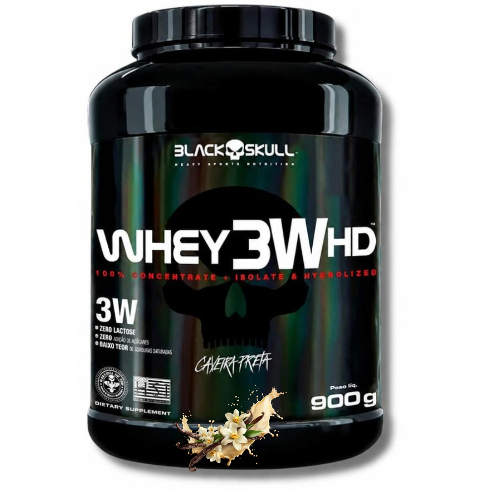 Whey Protein 3W HD Baunilha 900g Zero Lactose Proteína Concentrada + Isolada + Hidrolisada Black Skull