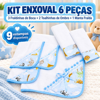 Enxoval Bebê Kit 6 Peças 3 Fraldinhas de Boca 2 Toalhinhas de Ombro 1 Manta Fralda Maternidade Envio Imediato