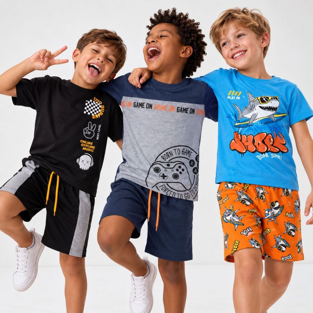 Kit 4 Conjuntos de Verão Infantil Menino Camisas Algodão + Bermudas Moletinho Estampas Sortidas 1 a 16 Anos