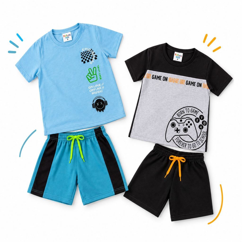 Kit 2 Conjuntos Infantil Menino Calor Camisa Algodão + Bermuda Moletinho Estampas Sortidas 1 a 16 Anos