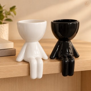 Cachepot Boneco Sentado de Porcelana Brilhante Branco Cachepot Bob Preto para Plantas e Decoração de Casa