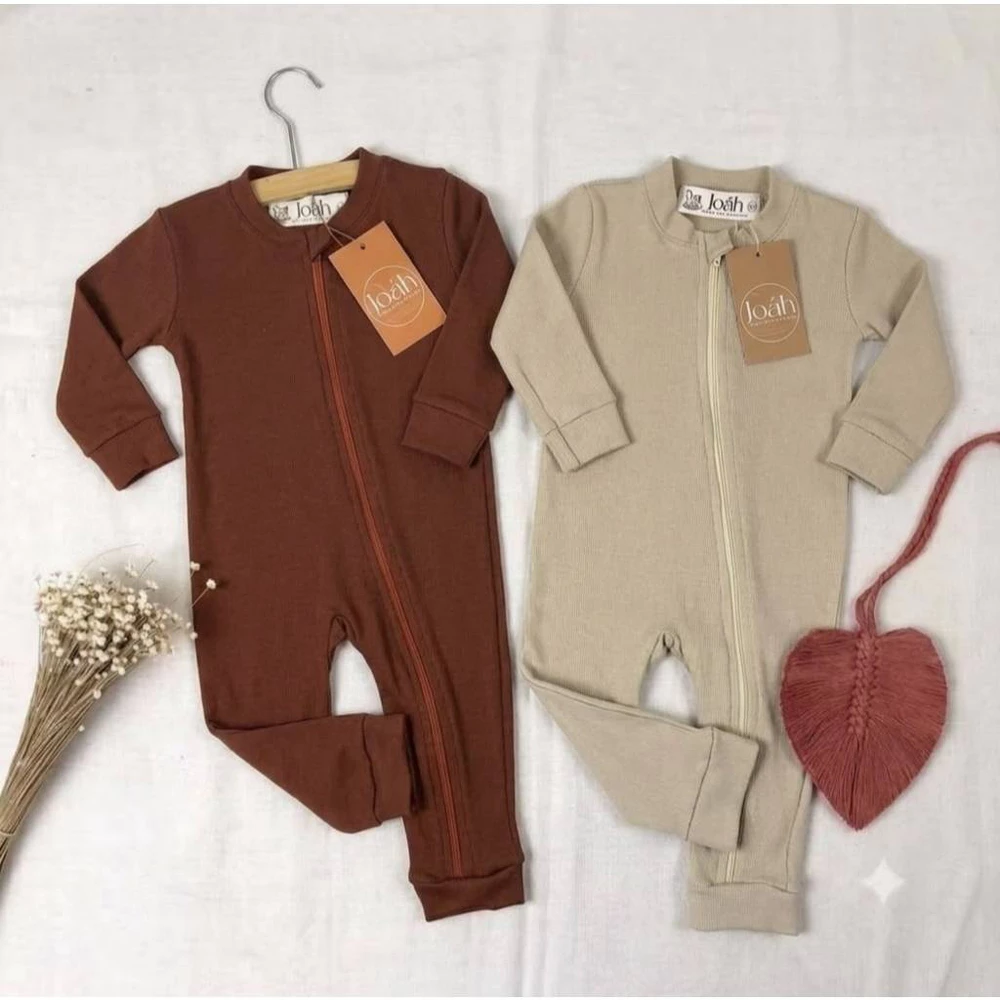 KIT 2 UNIDADES MACACÃO BEBE ALGODÃO CANELADO COM ZIPER MINIMALISTA NEUTRO MENINO MENINA ENXOVAL