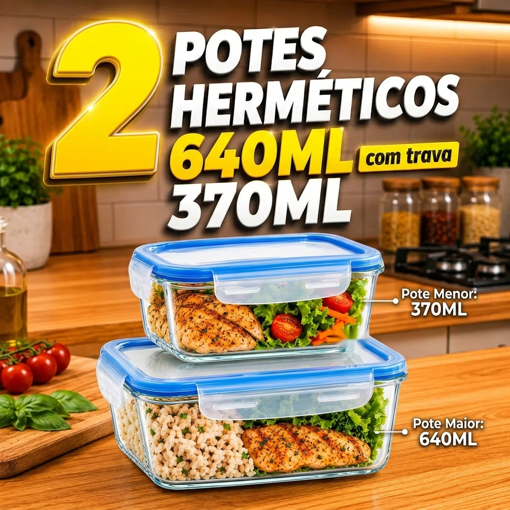 Conjunto Potes Vidro Hermético Kit 2 Potes de Vidro Borossilicato Herméticos 370ml e 640ml Mantimentos Fitness Marmita