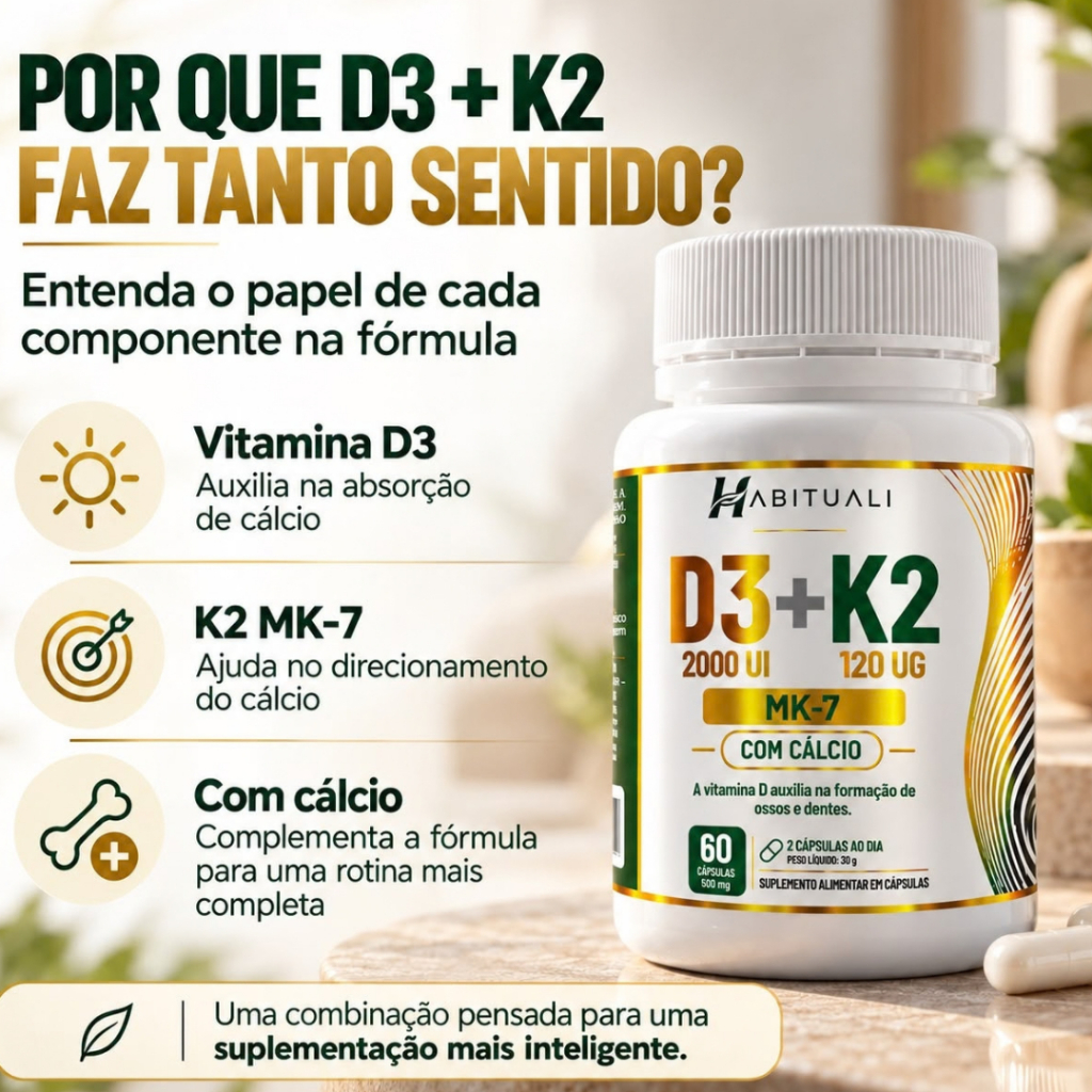 Vitamina D3 + K2 MK7 2000 UI + 120 mcg com Cálcio 60 Cápsulas - Habituali - Envio Imediato — imagem 2 de 2