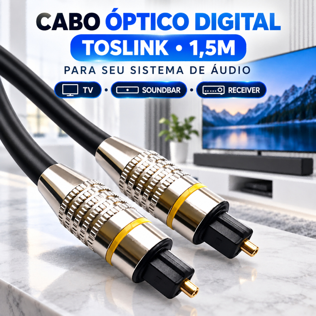 Cabo de Fibra Óptica Áudio Digital Toslink Grasep 1,5m 6,0mm Para TV Soundbar Receiver