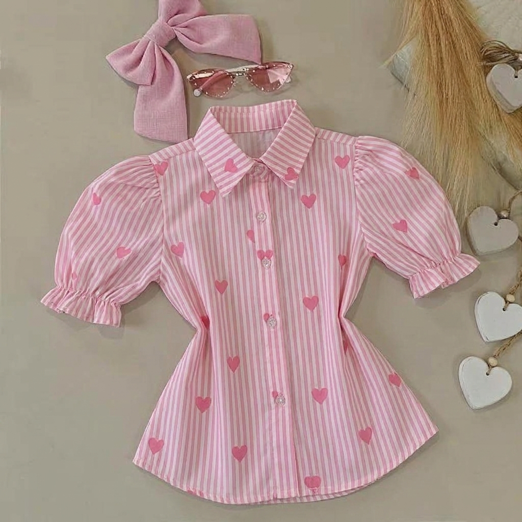 Camisa Blusa Infantil Menina Manga Princesa Bufante Estampa Listrada Corações Princesa Blogueirinha Moda Blogueira Verão