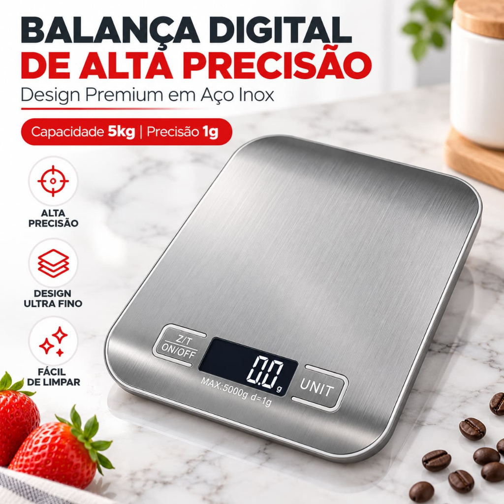 Balança Digital De Cozinha Alta Precisão 1g A 5kg Aço Inox Profissional Confeitaria Receitas Visor LCD Função Tara Luxo