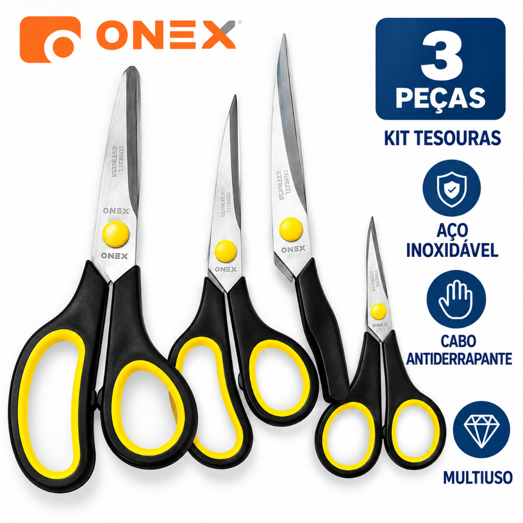Kit 3 Tesouras Multiuso Aço Inoxidável 3 Tamanhos Para Escritório Papelaria Artesanato Costura Papel Tecido