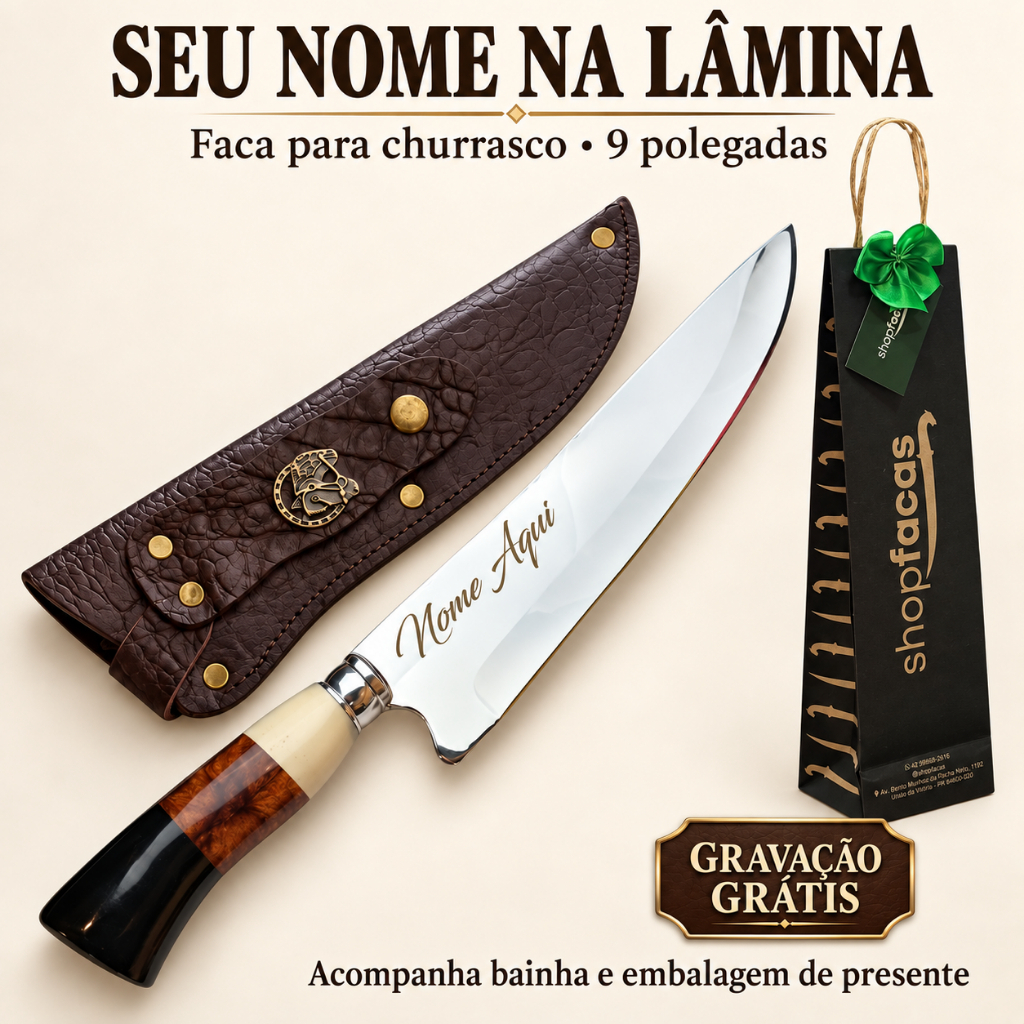 Faca Churrasco Personalizada Afiada Aço Inox com Nome Personalizado a Laser 9 Polegadas