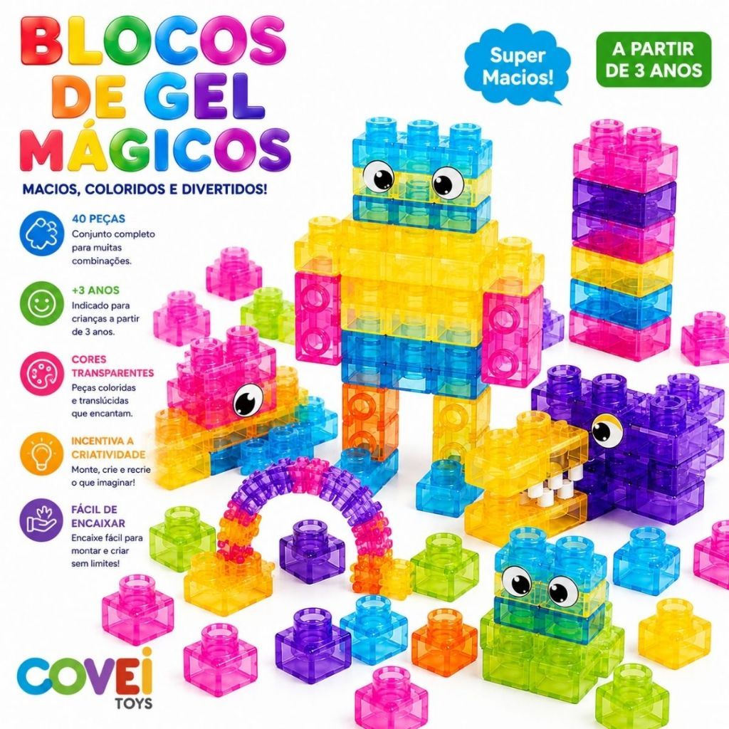 Blocos de Montar Magic Gummy Bloc 40 Peças Squishy Coloridos Brinquedo Educativo Criativo Infantil