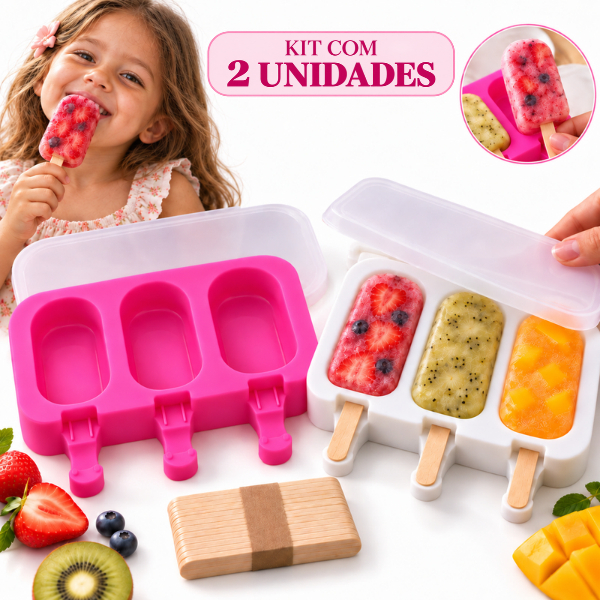 Kit 2 Forma Molde Para Sorvete Picolé Silicone C/ Tampa mais 100 Palitos 6 Sorvete