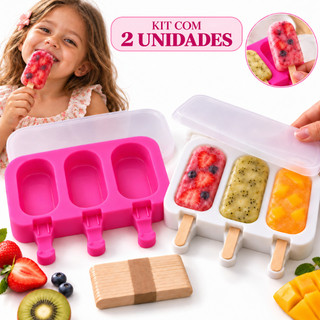 Kit 2 Forma Molde Para Sorvete Picolé Silicone C/ Tampa mais 100 Palitos 6 Sorvete