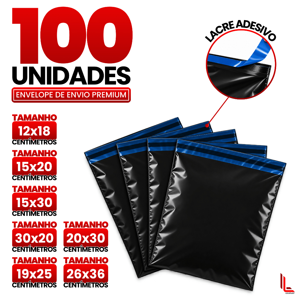 Kit 100 Envelopes de Segurança Plástico Preto Aba Adesiva 12x18 15x20 15x30 19x25 20x30 26x36 30x20