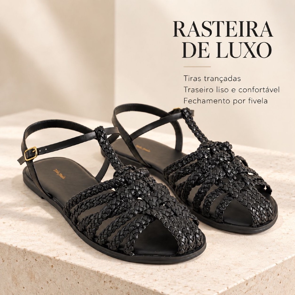 Sandália Rasteira Feminina Fisherman com Tiras Trançadas Soft, Palmilha Lisa, Solado de Borracha e Fivela