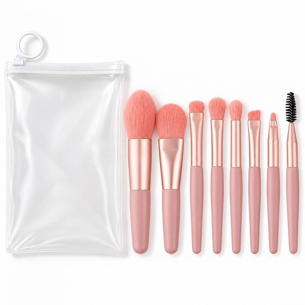 Kit 8 Mini Pincéis de Maquiagem com Estojo Transparente para Viagem