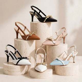 Sapato Scarpin Slingback Feminino Bico Fino Salto Medio 6cm Fivela Metalizad Ouro Preto Off White Rose Caramelo Sandalia