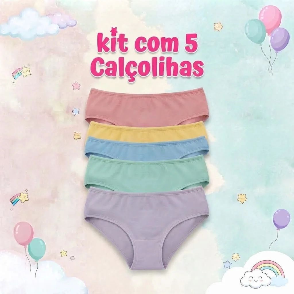 Kit 5 Calçolinhas Infantil Menina Moça Algodão Calcinha Infantojuvenil Forro 100% Algodão