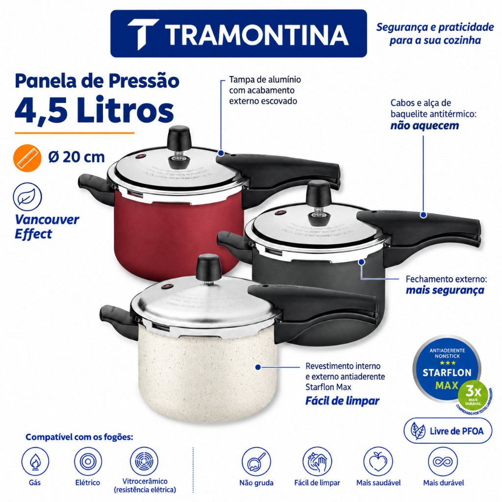 Panela de Pressão Tramontina 4,5 e 6,0 Litros com Fechamento Externo Antiaderente Starflon Max Vancouver