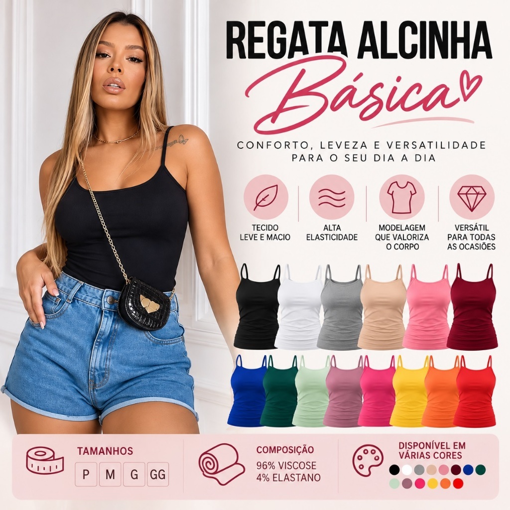 Regata Feminina Alça Fina Básica Lisa Viscose com Elastano Blusinha