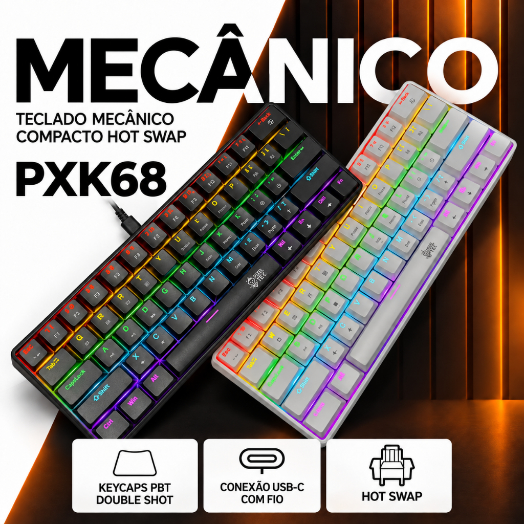 Teclado Mecânico 61% Gamer RGB Hot Swap USB-C Switch (Vermelho ou Azul) PixelTek PXK68