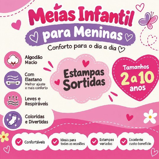 Meias Infantil para Meninas Estampas Sortidas Algodão Macio com Elastano Tamanhos 2 a 10 anos