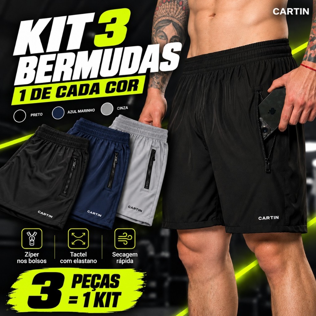 Kit 3 Bermudas Tactel Masculina com Elastano Academia Bolso com Zíper Shorts Treino Corrida Secagem Rápida