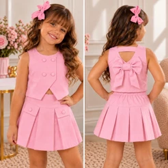 Conjunto Infantil Menina Alfaiataria Premium Colete + Saia com Short Elegante Festa Tendência Verão
