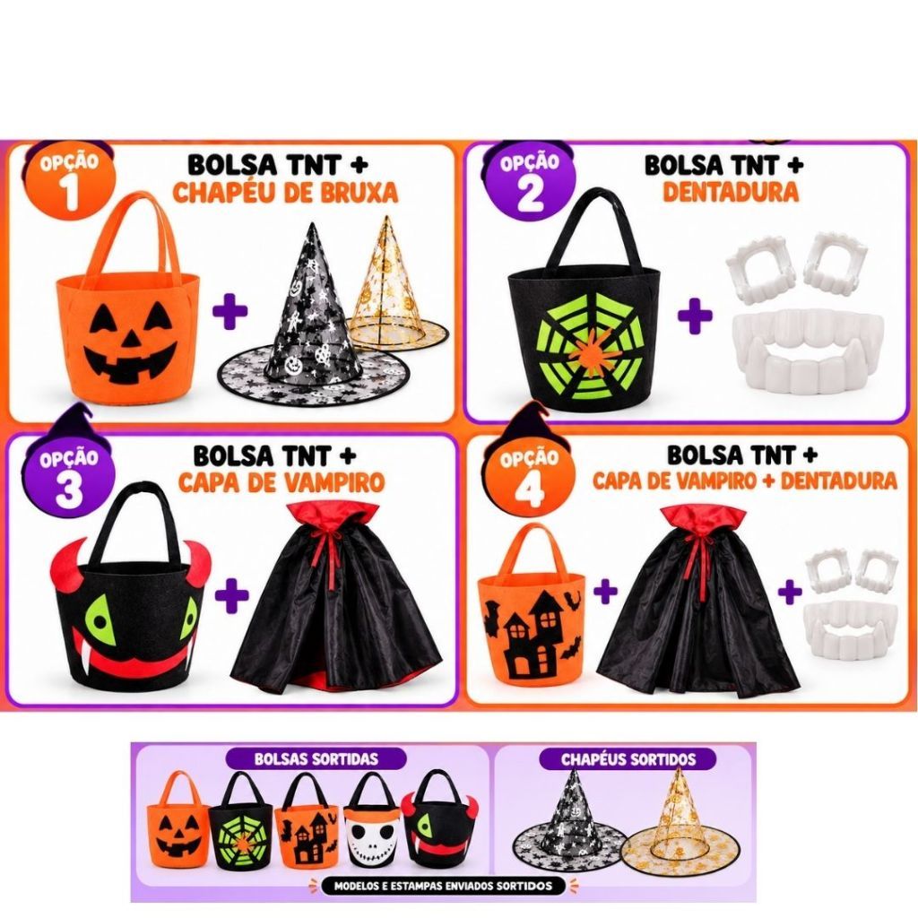 Kit Halloween Infantil Bolsa TNT 14cm Doces Capa Vampiro Dentadura Chapéu Bruxa Fantasia — imagem 2 de 2